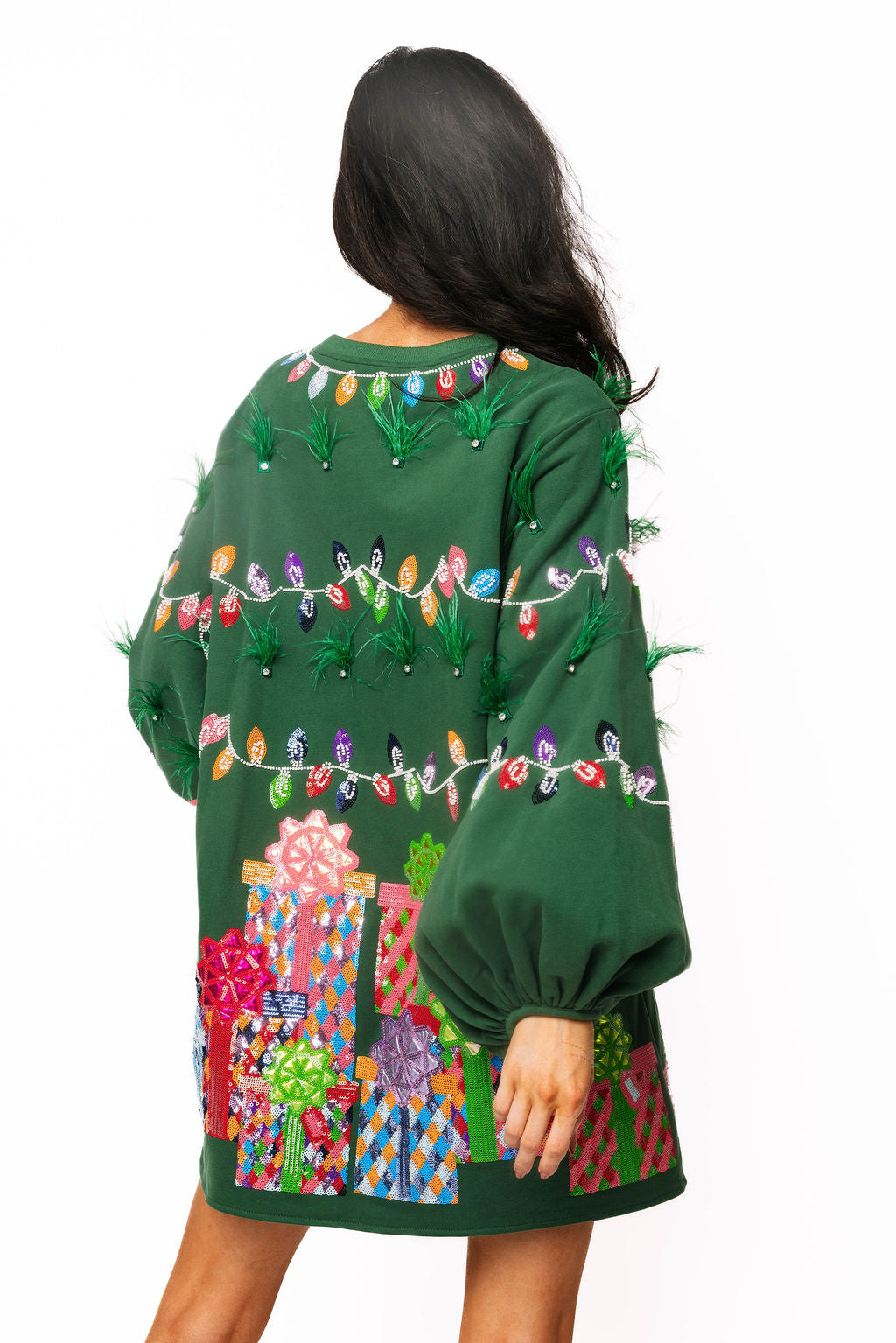 Queen of Sparkles Green Christmas Lights & Presents Feather Dress