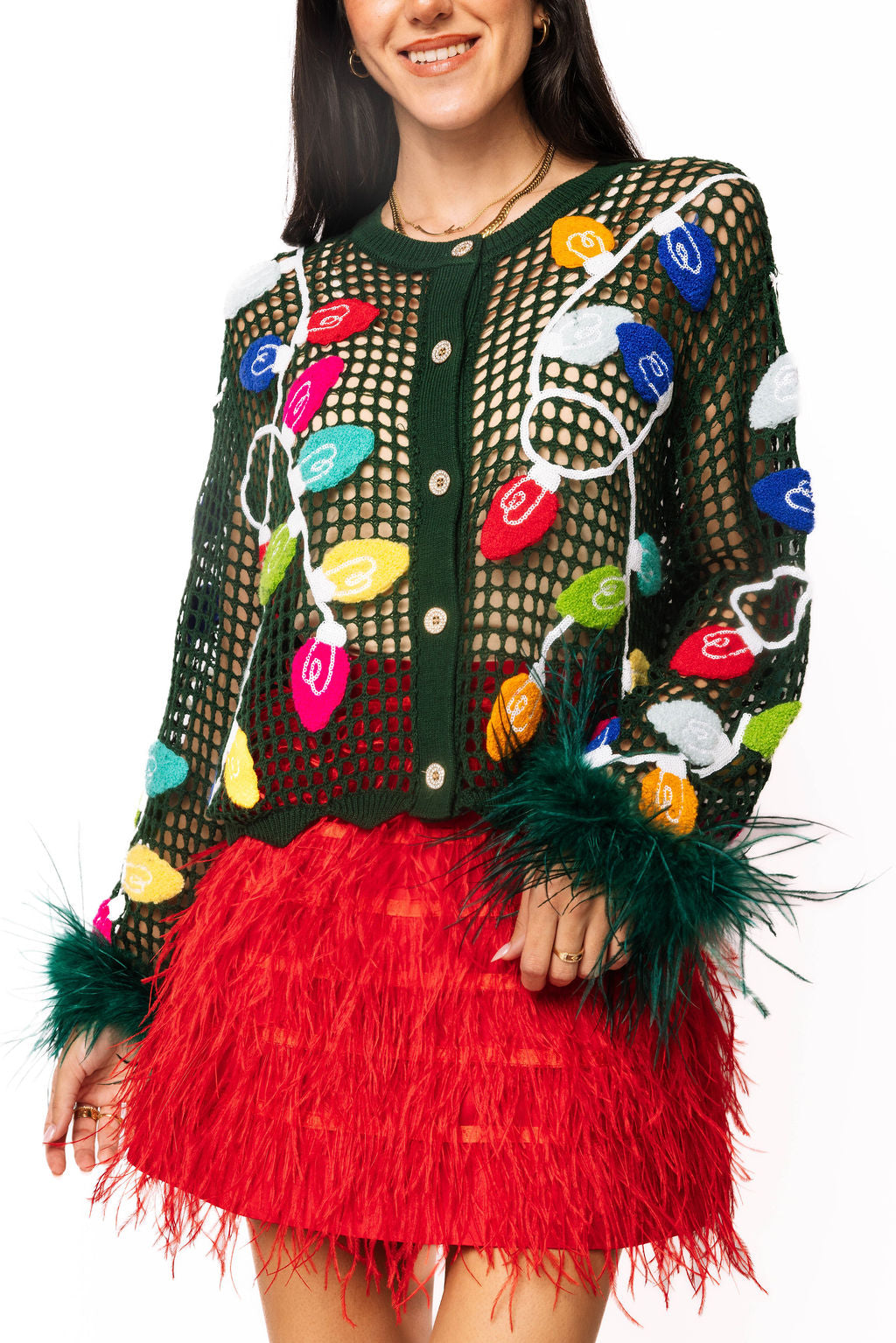 Queen of Sparkles Dark Green Crochet Multi Christmas Light Feather Sleeve Top