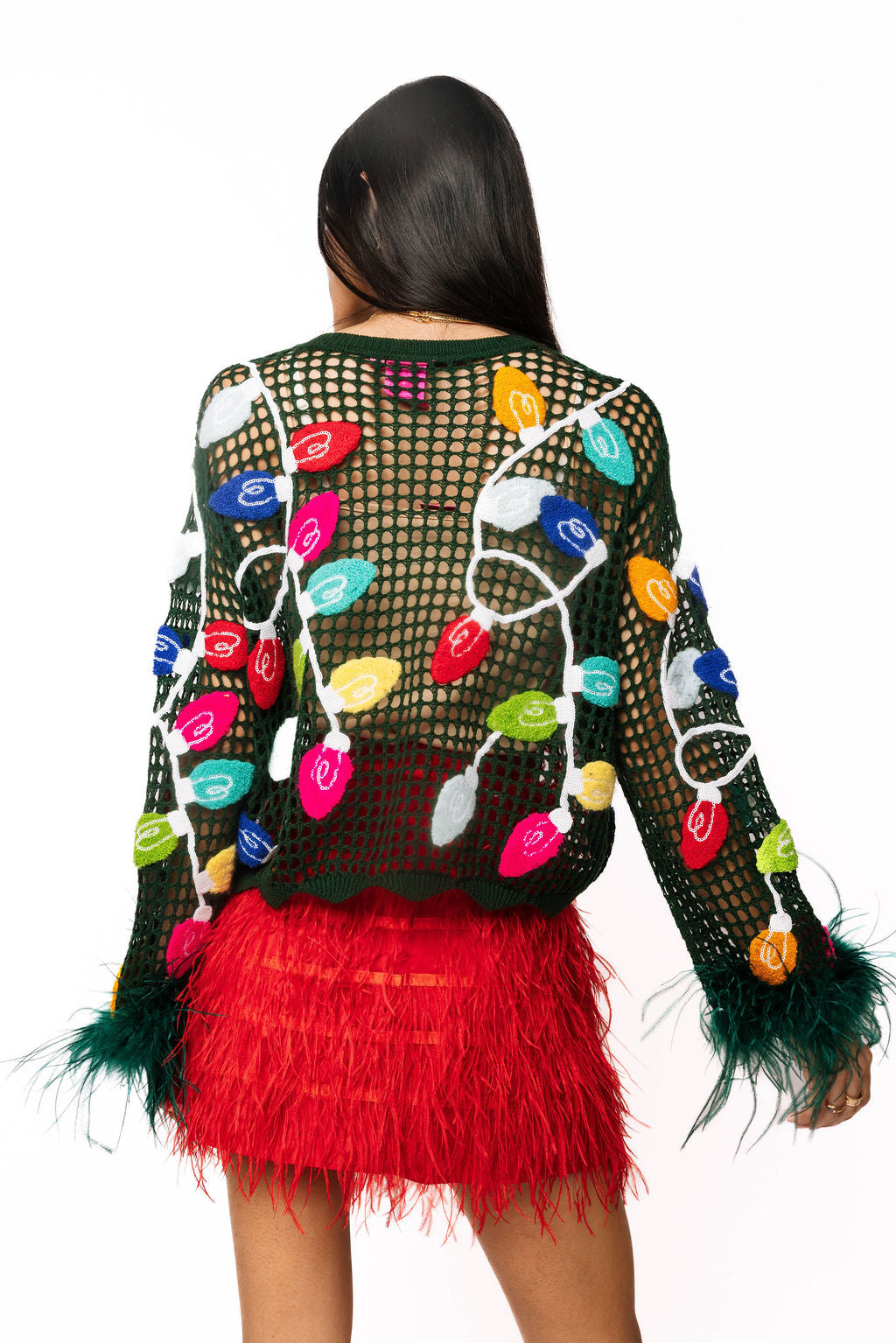 Queen of Sparkles Dark Green Crochet Multi Christmas Light Feather Sleeve Top