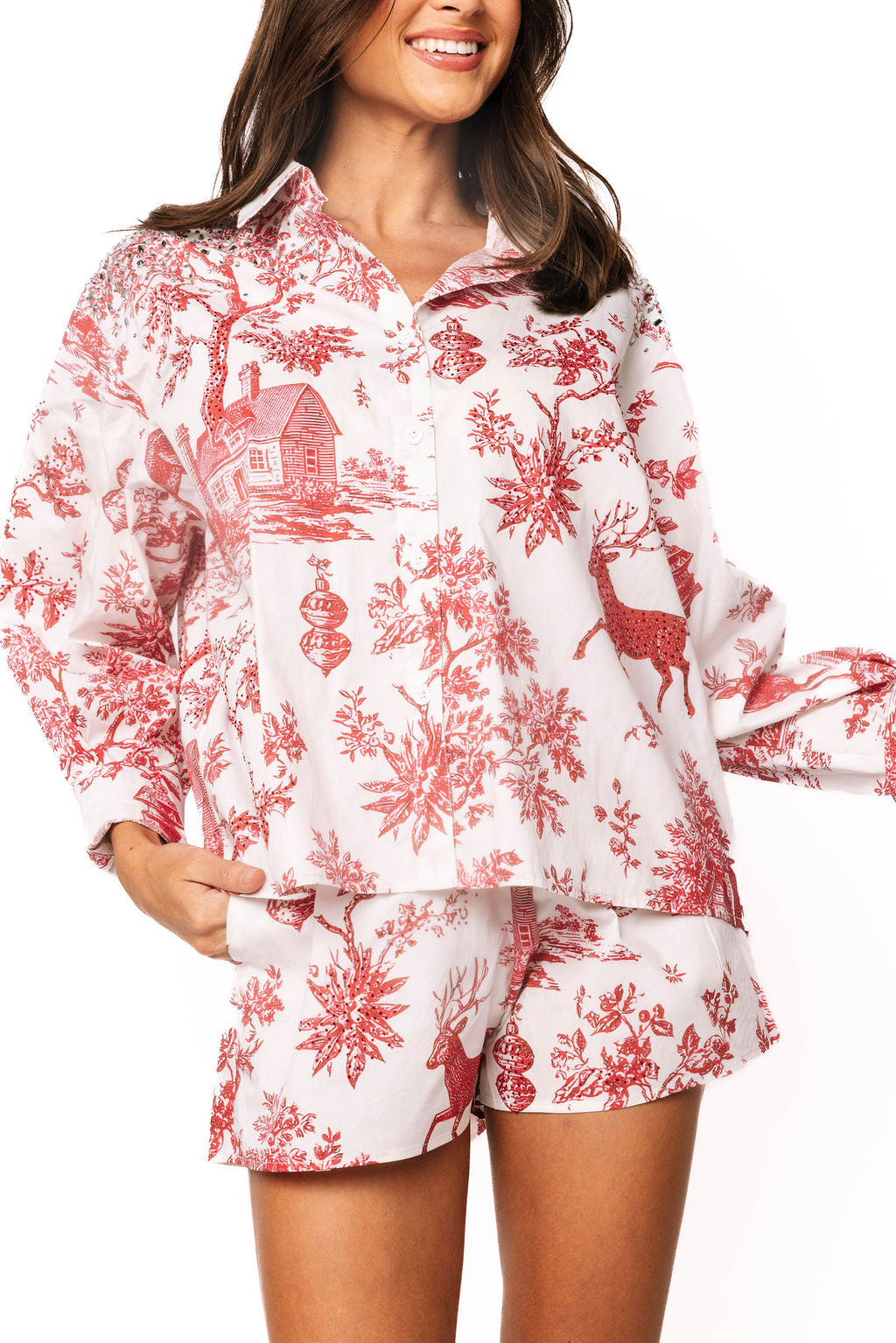 Queen of Sparkles Red & White Christmas Twall Cotton Button Up Top