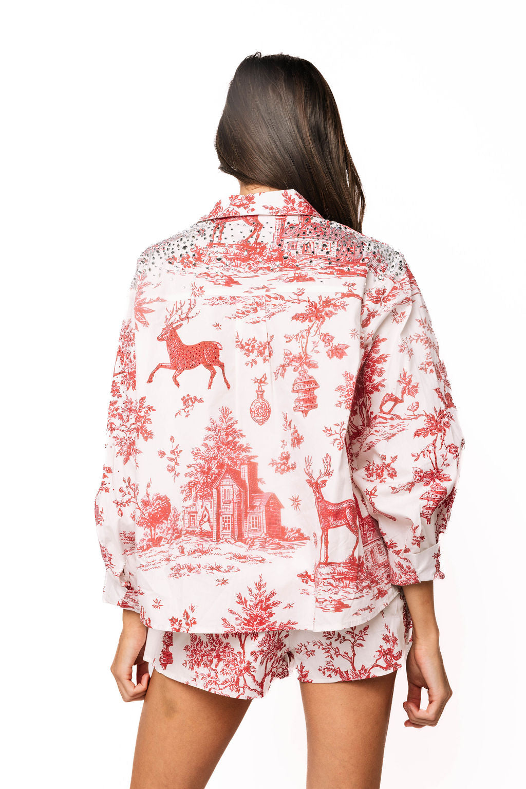 Queen of Sparkles Red & White Christmas Twall Cotton Button Up Top