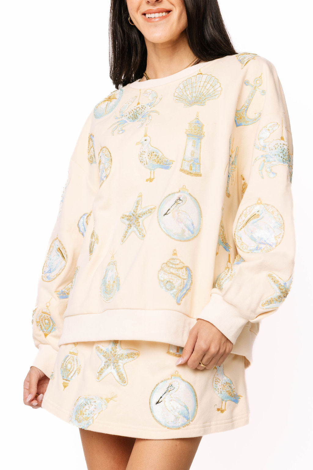 Queen of Sparkles Ivory & Mint Coastal Sea Shell Ornament Sweatshirt