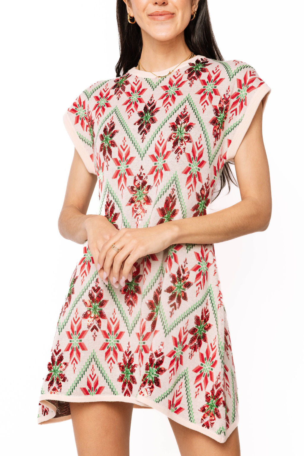 Queen of Sparkles Beige, Green & Red Flower Print Christmas Sweater Dress