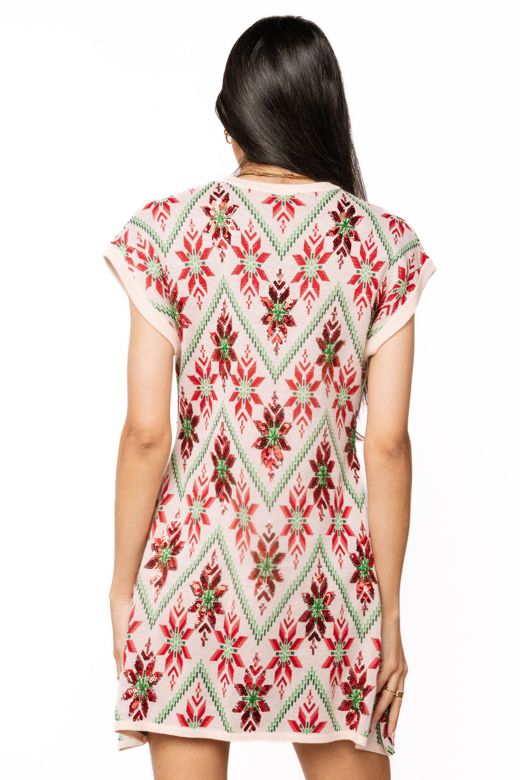 Queen of Sparkles Beige, Green & Red Flower Print Christmas Sweater Dress
