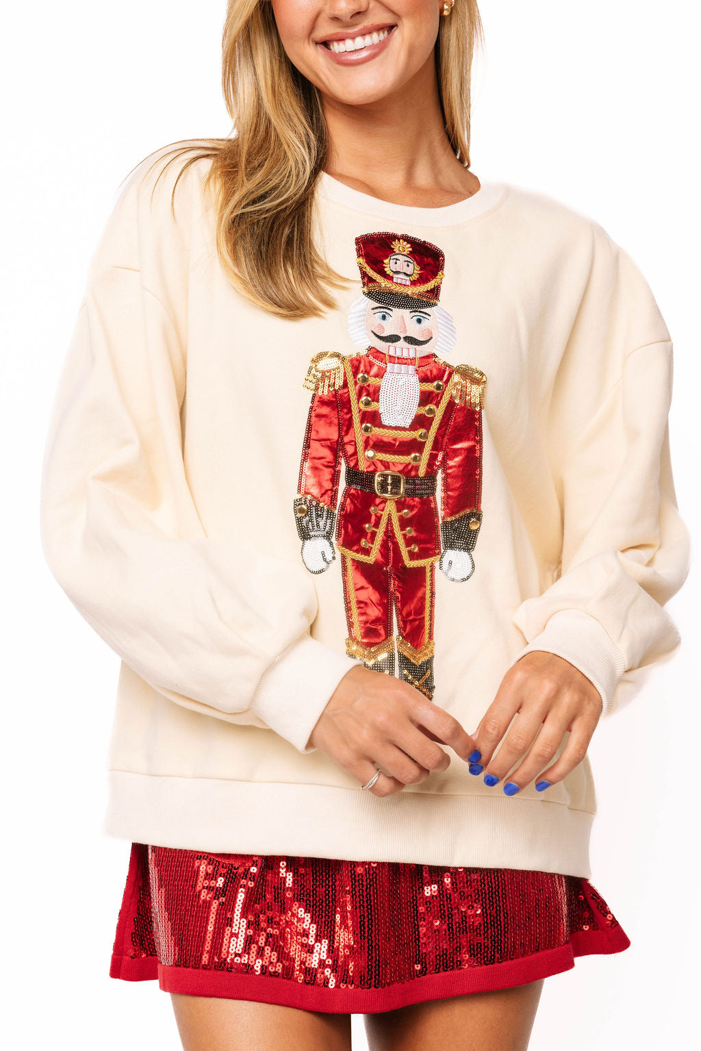 Queen of Sparkles Beige & Red Metallic Nutcracker Soldier Sweatshirt