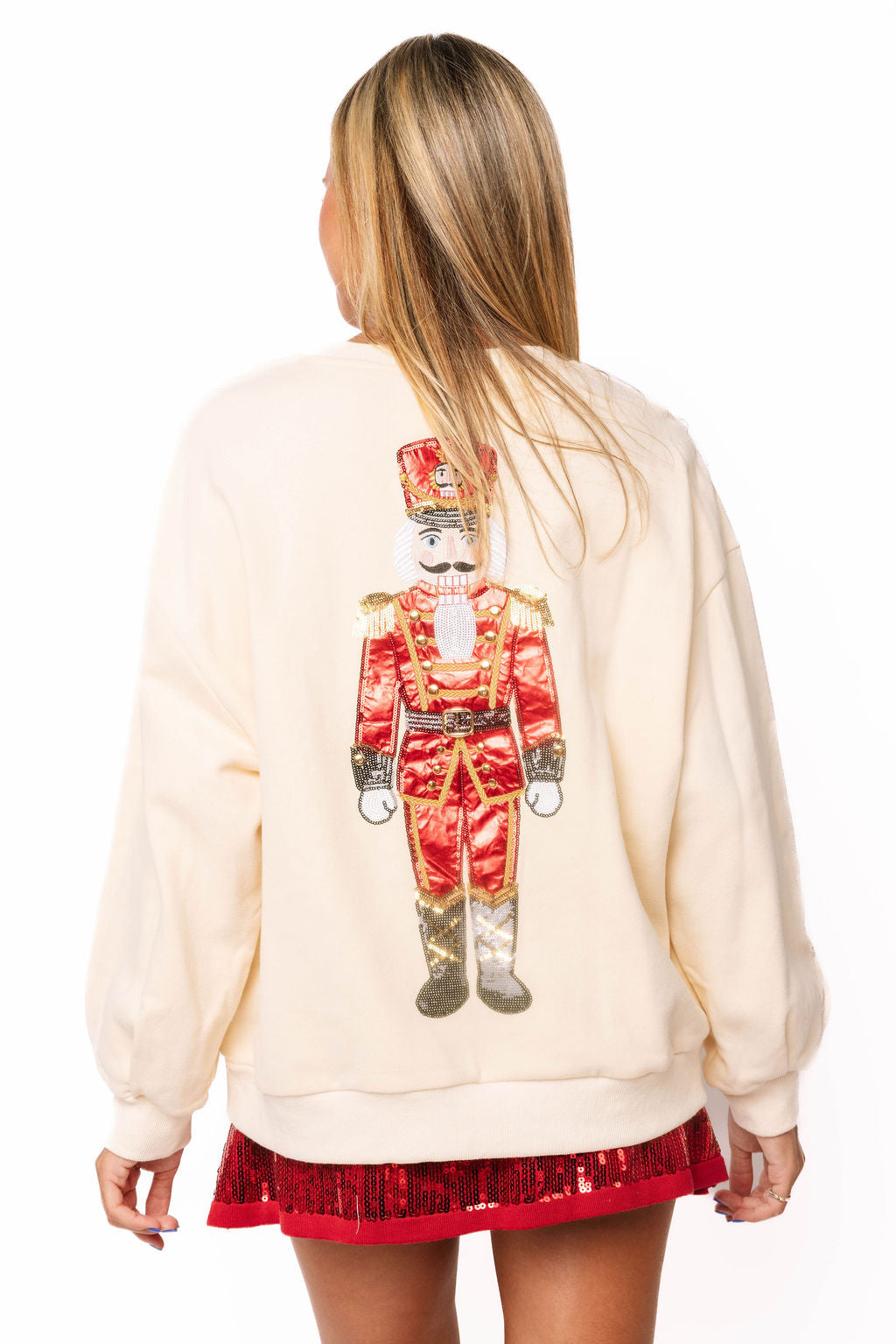 Queen of Sparkles Beige & Red Metallic Nutcracker Soldier Sweatshirt