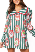 Queen of Sparkles Green Striped Christmas Wallpaper Ornament Collar Cotton Dress