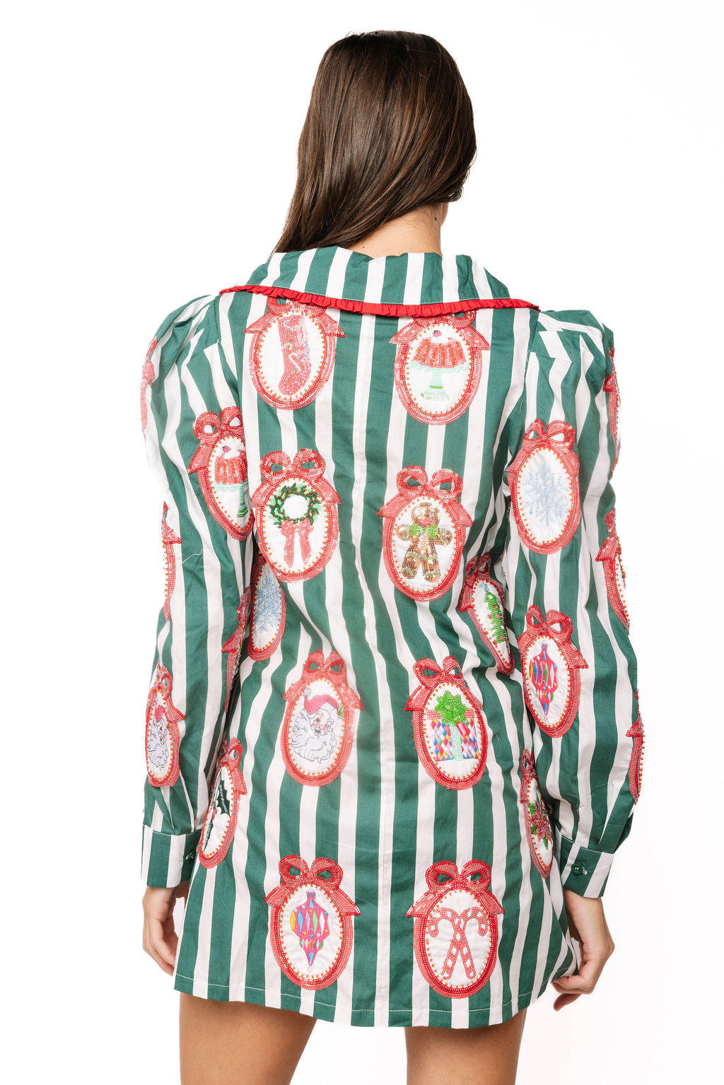 Queen of Sparkles Green Striped Christmas Wallpaper Ornament Collar Cotton Dress