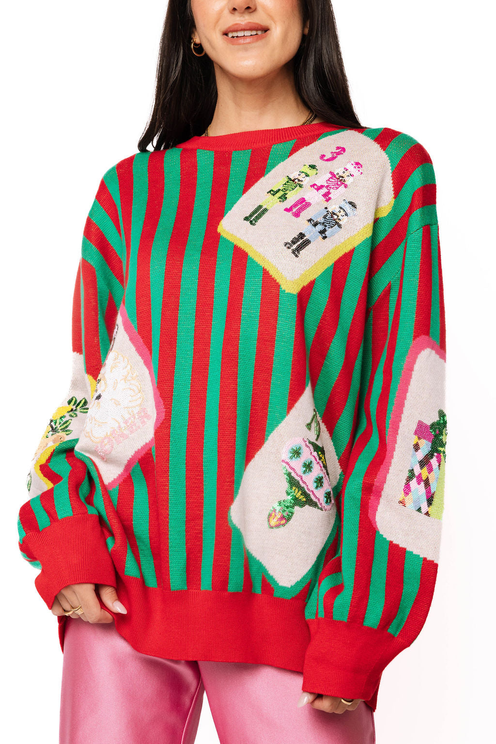 Queen of Sparkles Red & Green Striped Christmas Mahjong Tile Sweater