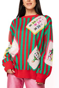 Queen of Sparkles Red & Green Striped Christmas Mahjong Tile Sweater