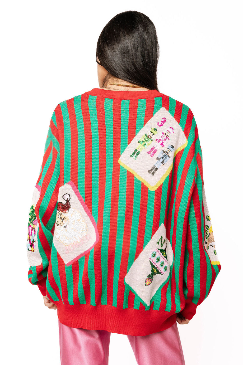 Queen of Sparkles Red & Green Striped Christmas Mahjong Tile Sweater