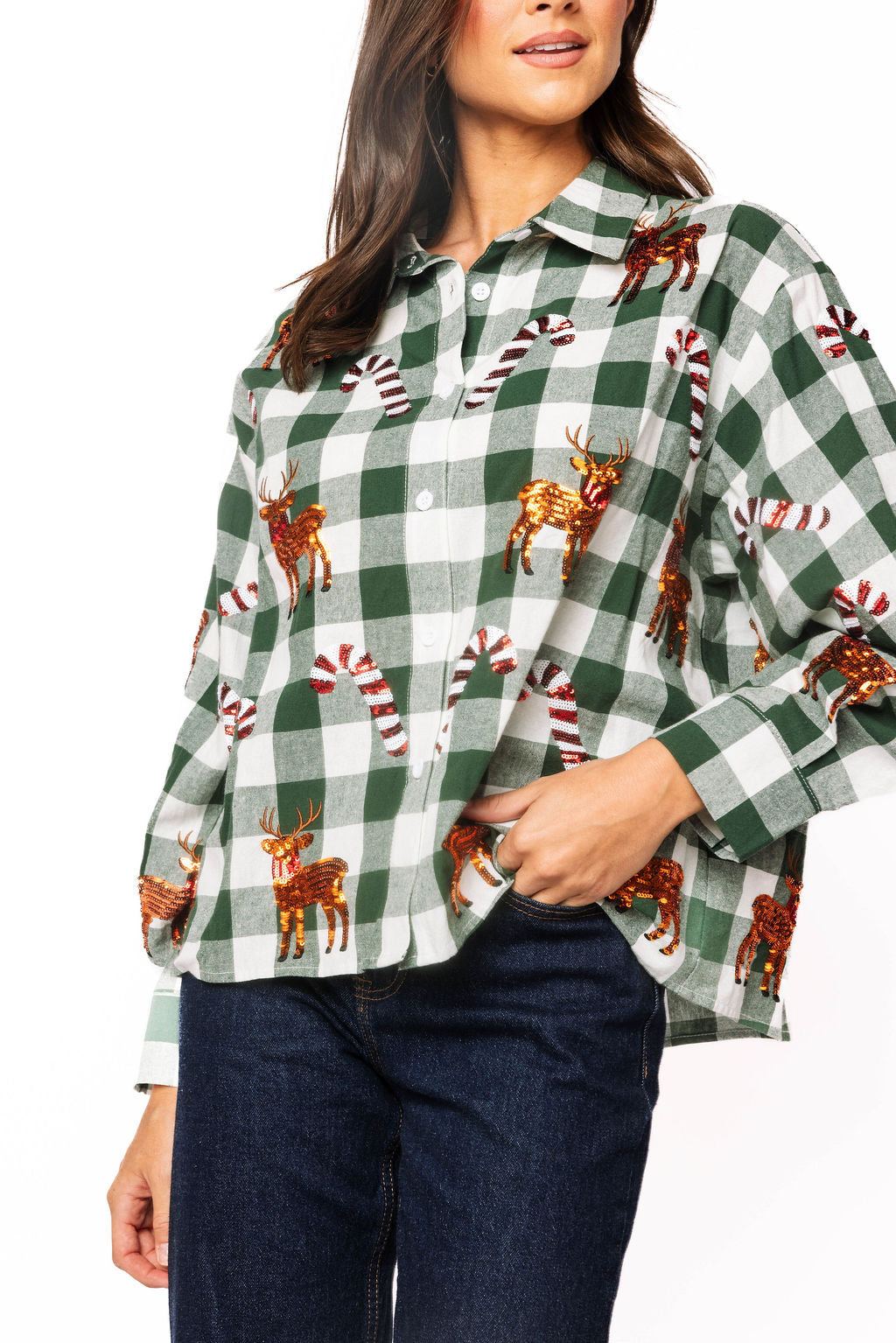 Queen of Sparkles Green & White Plaid Reindeer and Candy Cane Button Up Top