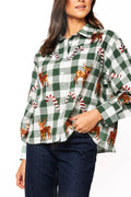 Queen of Sparkles Green & White Plaid Reindeer and Candy Cane Button Up Top