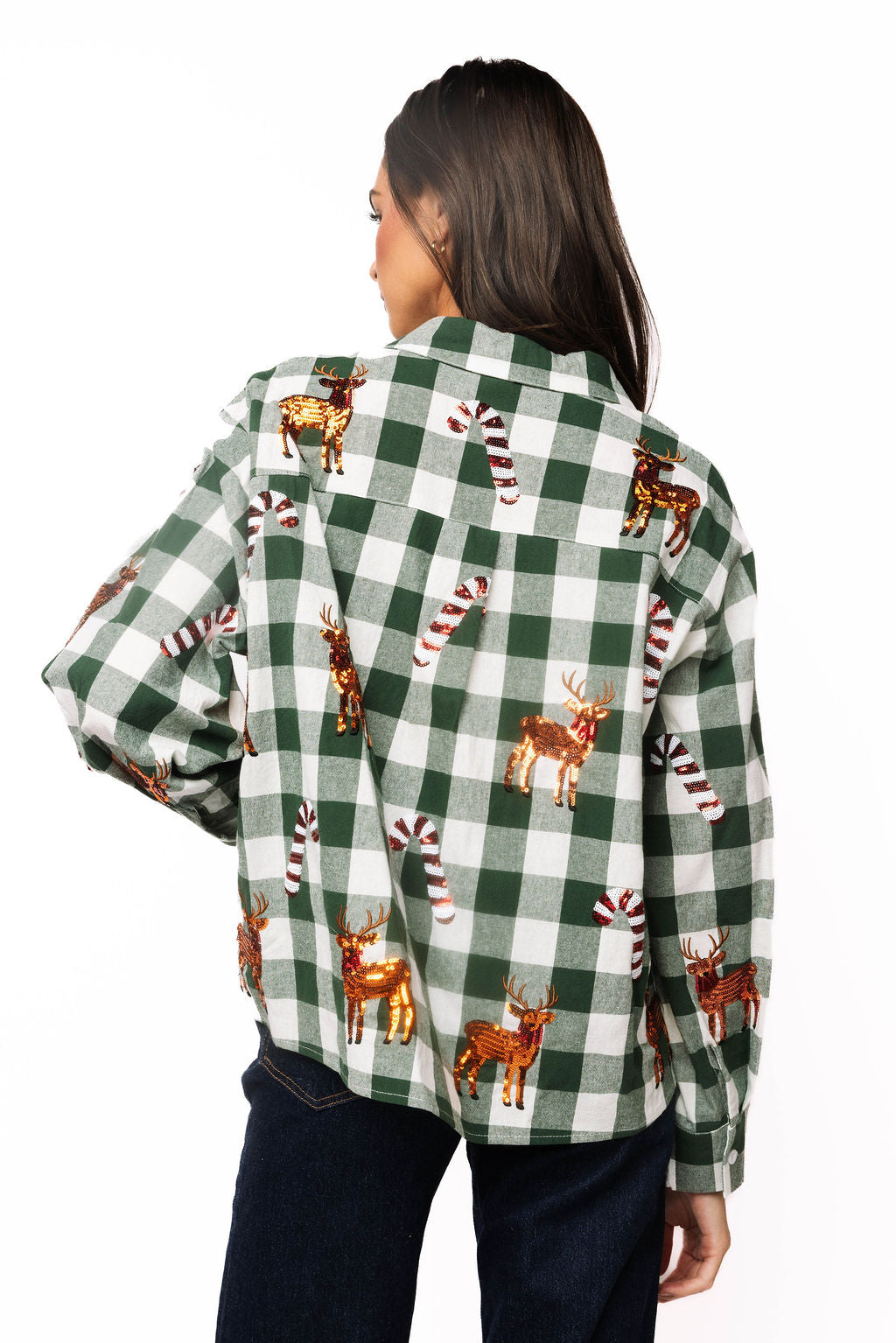 Queen of Sparkles Green & White Plaid Reindeer and Candy Cane Button Up Top