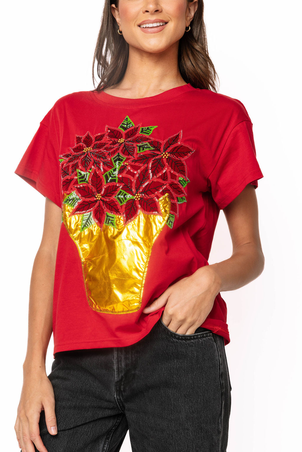 Queen of Sparkles Red Poinsettia in Gold Flower Pot Tee