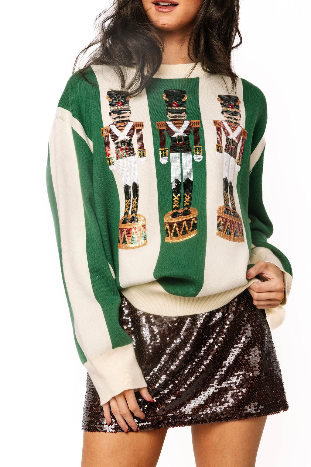 Queen of Sparkles Green & Ivory Striped Nutcracker Sweater