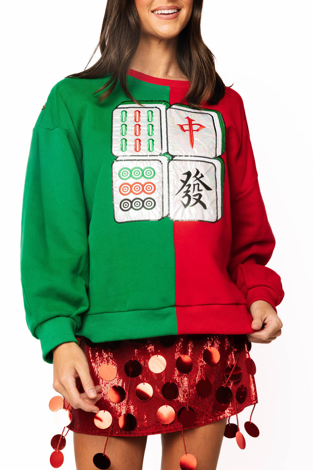 Queen of Sparkles Red & Green Colorblock Christmas Mahjong Tile Sweatshirt