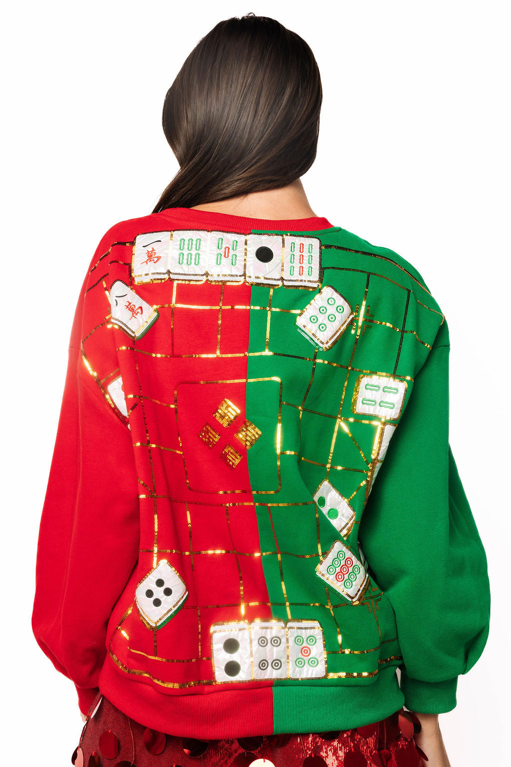 Queen of Sparkles Red & Green Colorblock Christmas Mahjong Tile Sweatshirt
