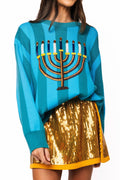 Queen of Sparkles Blue Striped Menorah Long Sleeve Sweater