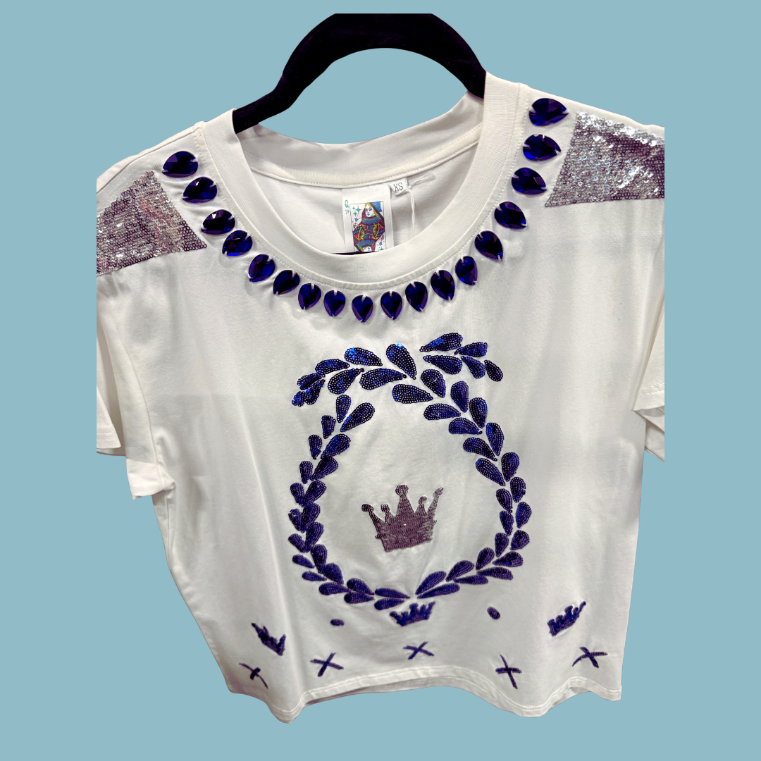 Queen of Sparkles White Tee with Royal Blue Crown