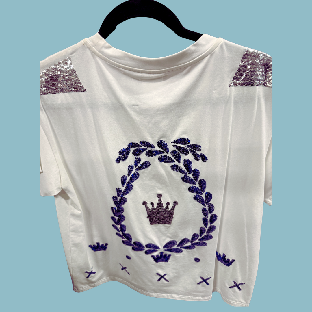 Queen of Sparkles White Tee with Royal Blue Crown