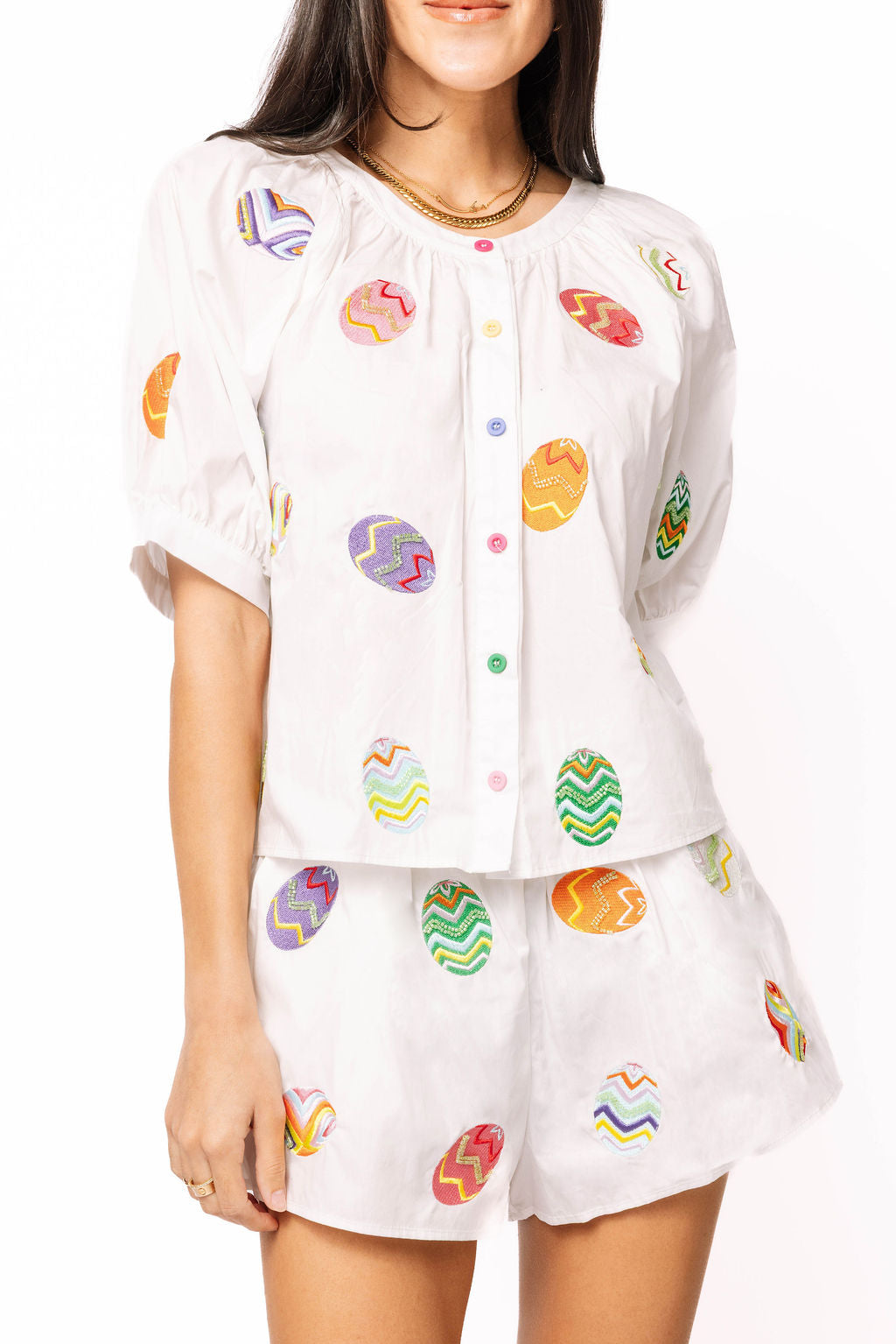 Queen of Sparkles-Multi Easter Egg Button Up Top