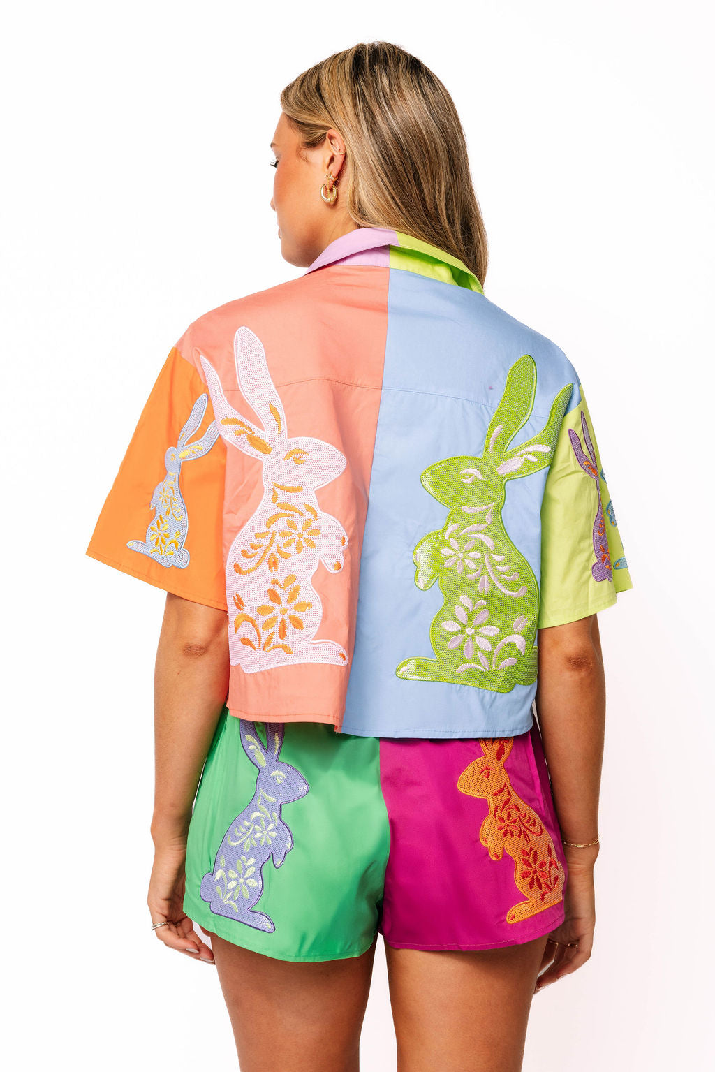 Queen of Sparkles Colorblock Easter Bunny Short Sleeve Top