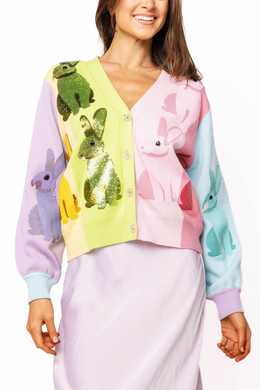 Queen of Sparkles Rainbow Colorblock Easter Bunny Cardigan