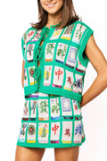 Queen of Sparkles - Green Mahjong Tile Tie Up Knit Tank