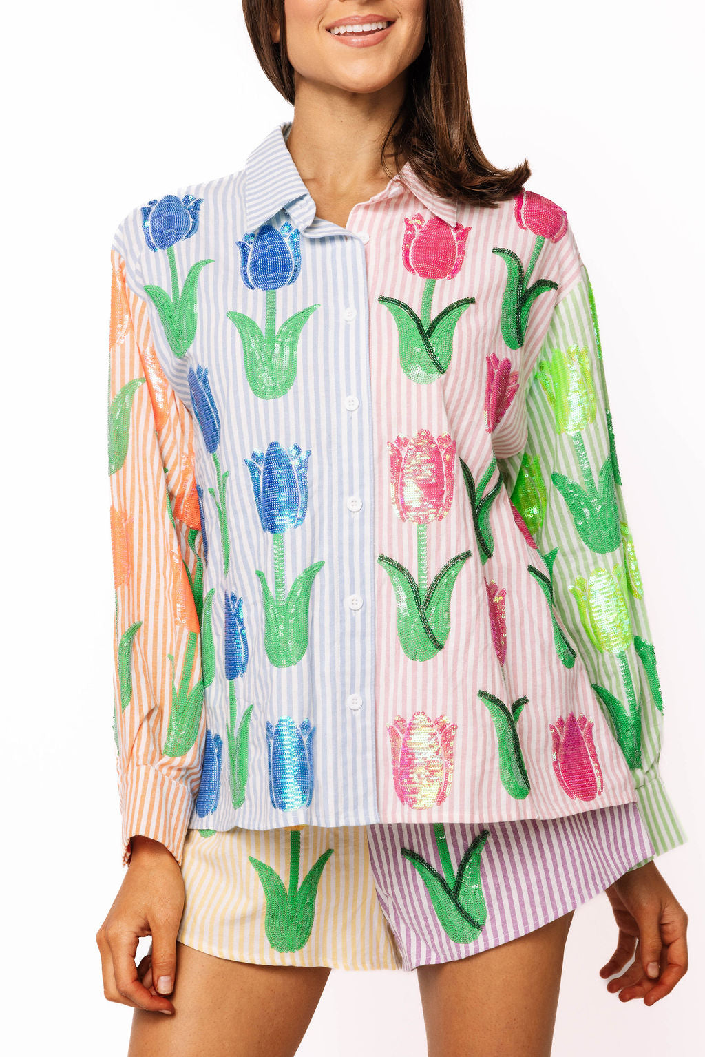 Queen of Sparkles - Striped Colorblock Tulip Button Up