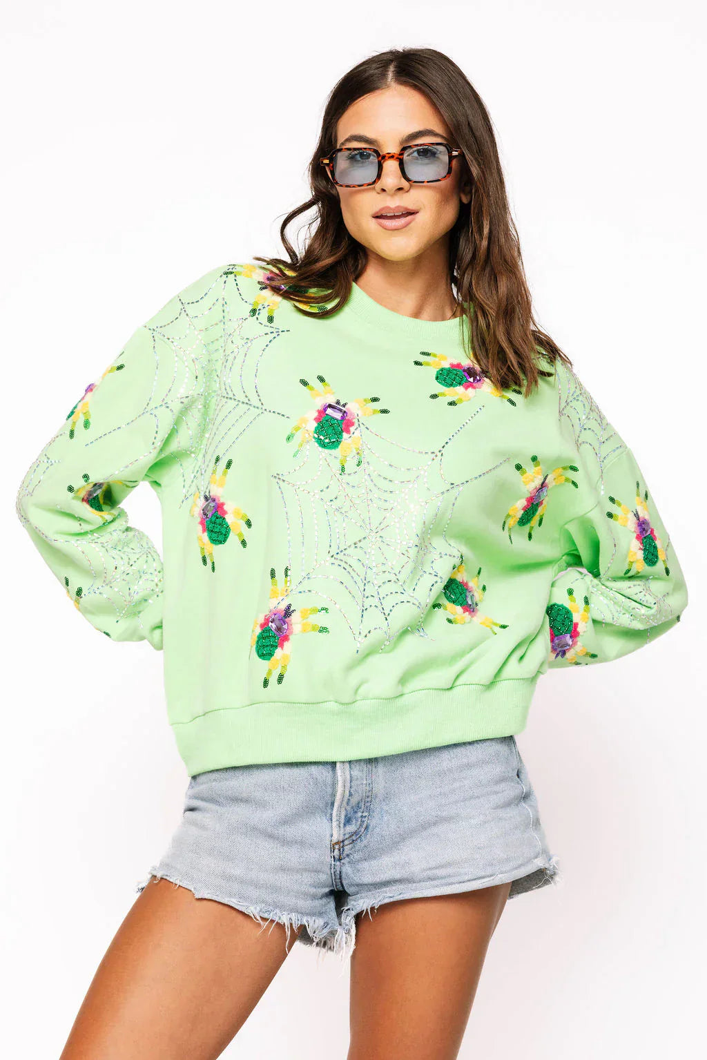 Queen of Sparkles-Neon Green Fuzzy Spider & Web Sweatshirt