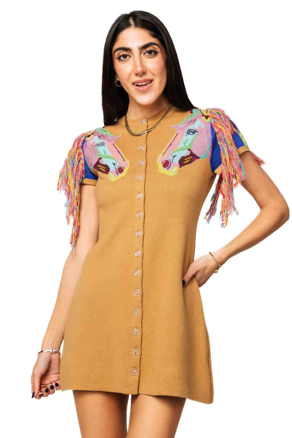 Queen of Sparkles-Tan Fringe Horse Head Button Up Knit Dress