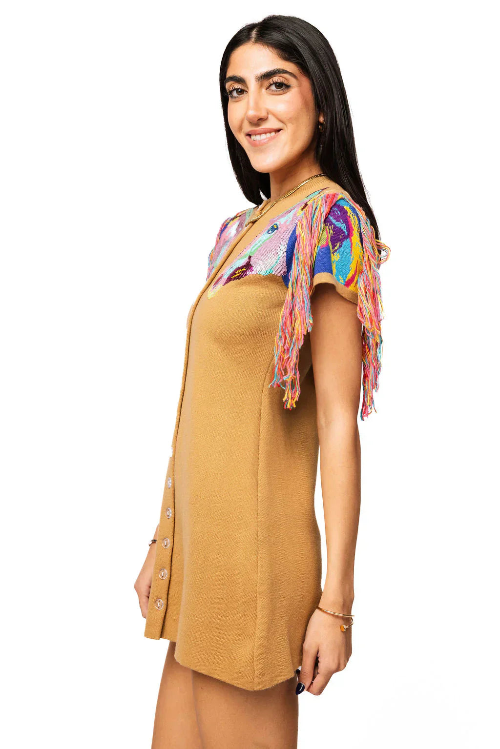 Queen of Sparkles-Tan Fringe Horse Head Button Up Knit Dress