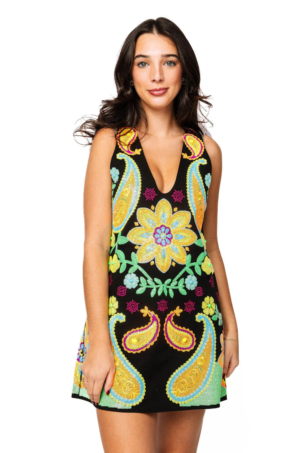 Queen of Sparkles-Black & Neon Paisley Print V Neck Tank Dress