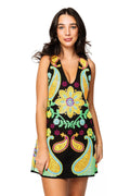 Queen of Sparkles-Black & Neon Paisley Print V Neck Tank Dress