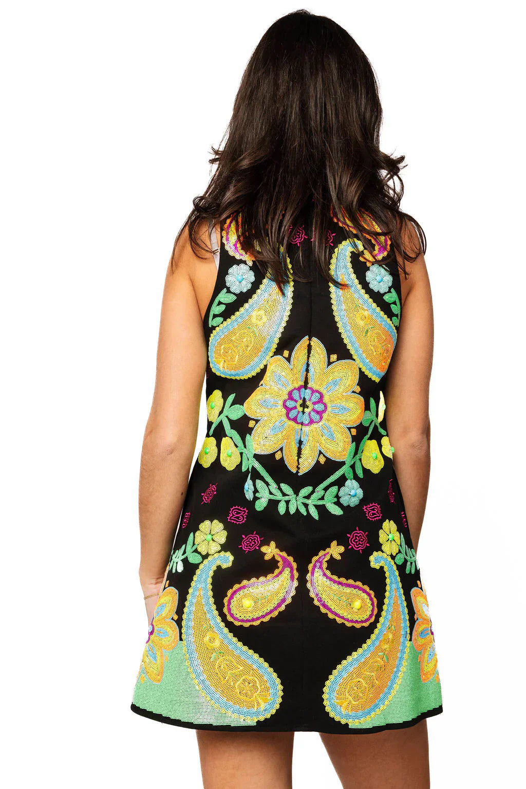 Queen of Sparkles-Black & Neon Paisley Print V Neck Tank Dress