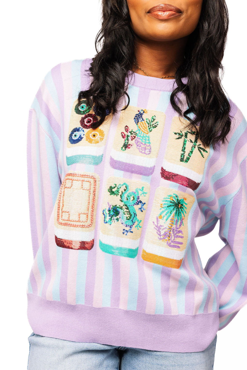 Queen of Sparkles - Lavender Blue Strip Mahjong Sweater