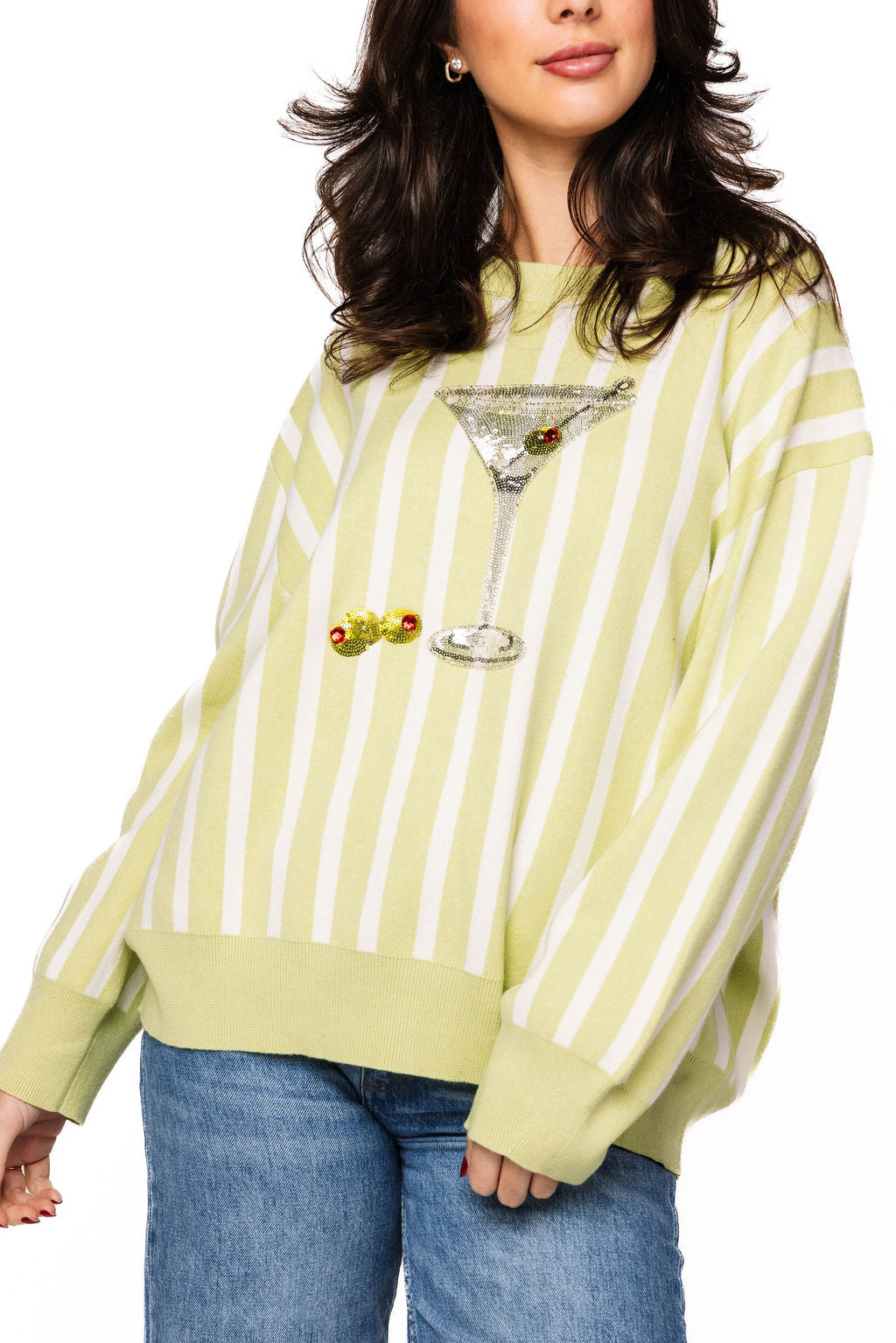 Queen of Sparkles - Lime Green Striped Martini Sweater