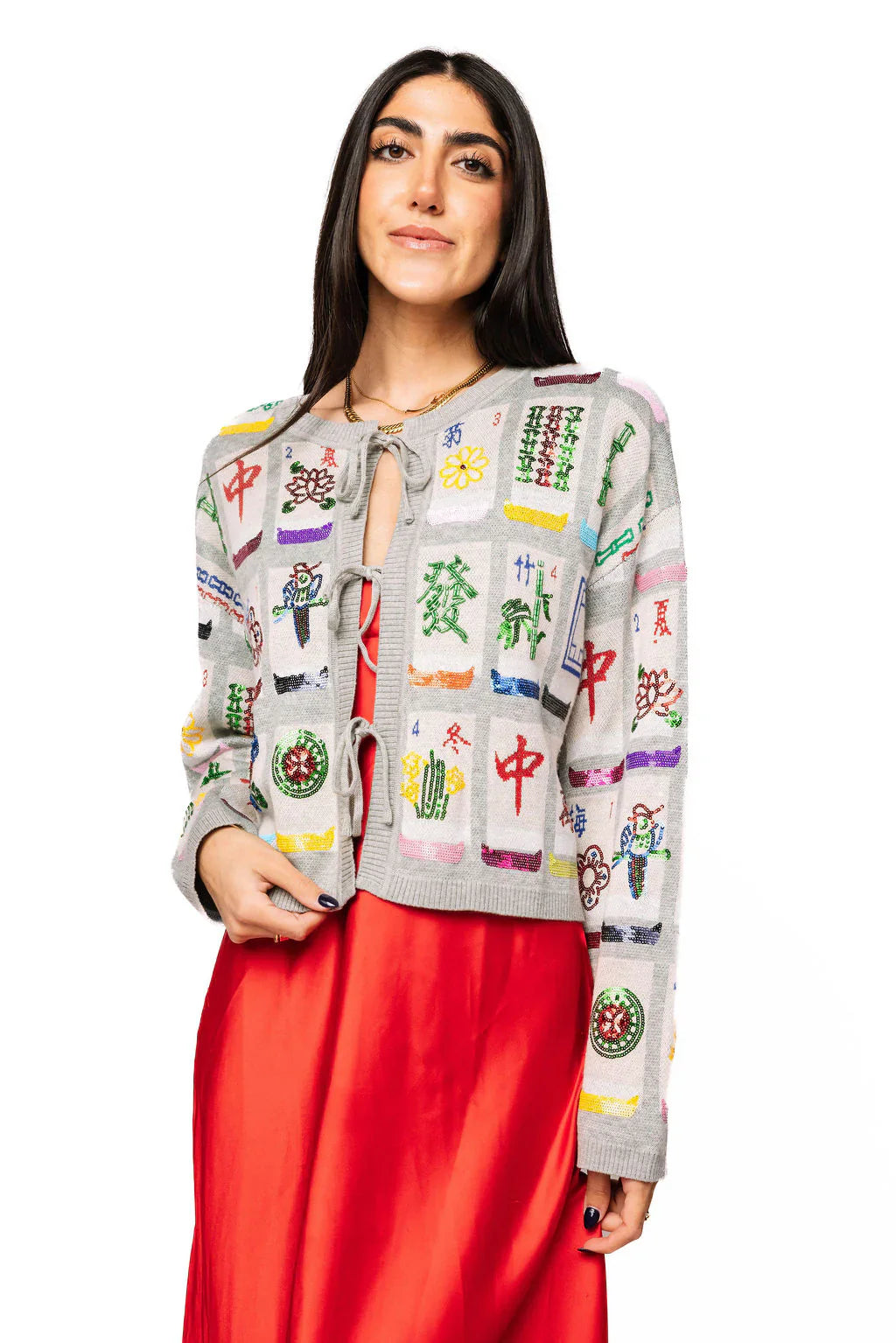 Queen of Sparkles - Grey Mahjong Tile Tie Up Knit Sweater