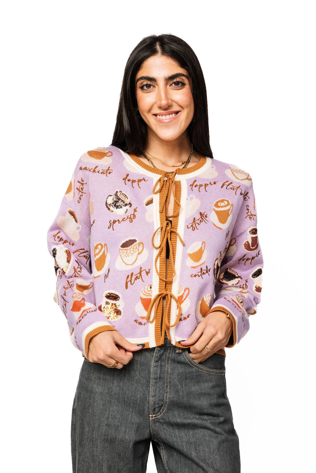 Queen of Sparkles - Lavender Types of Coffee Tie Sweater