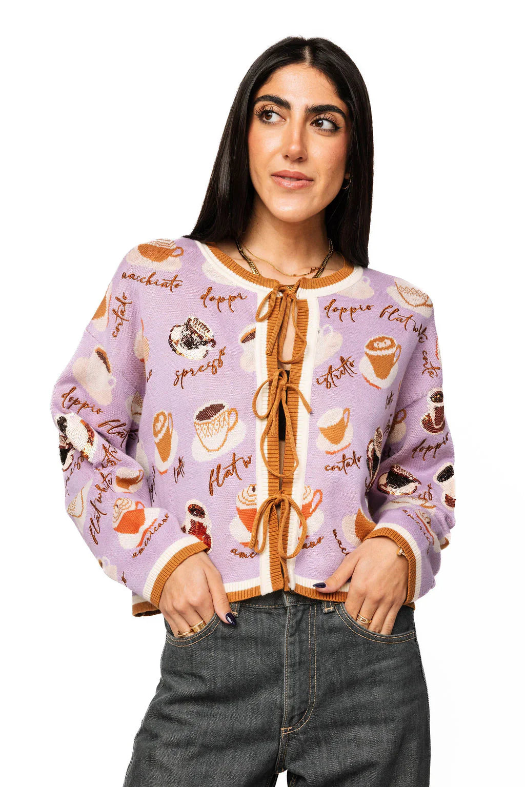 Queen of Sparkles - Lavender Types of Coffee Tie Sweater