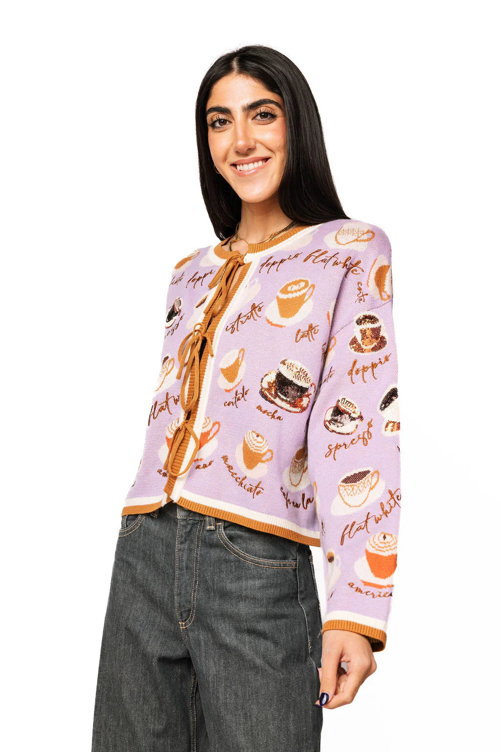 Queen of Sparkles - Lavender Types of Coffee Tie Sweater