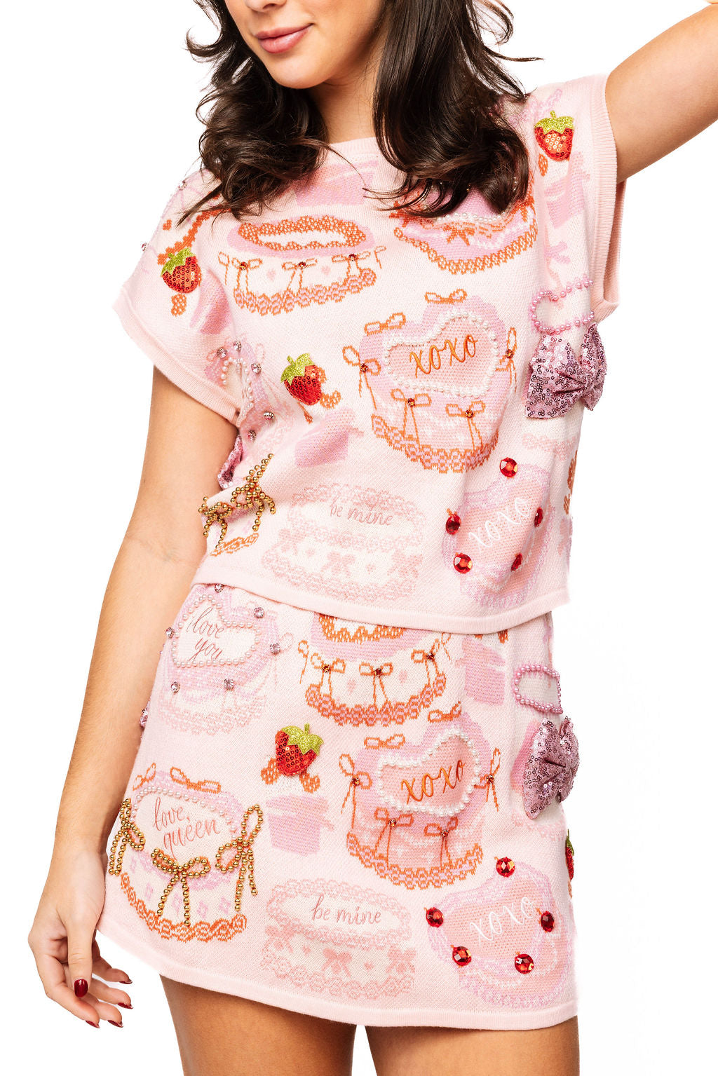 Queen of Sparkles-Strawberry Cake Cap Sleeve Knit Top