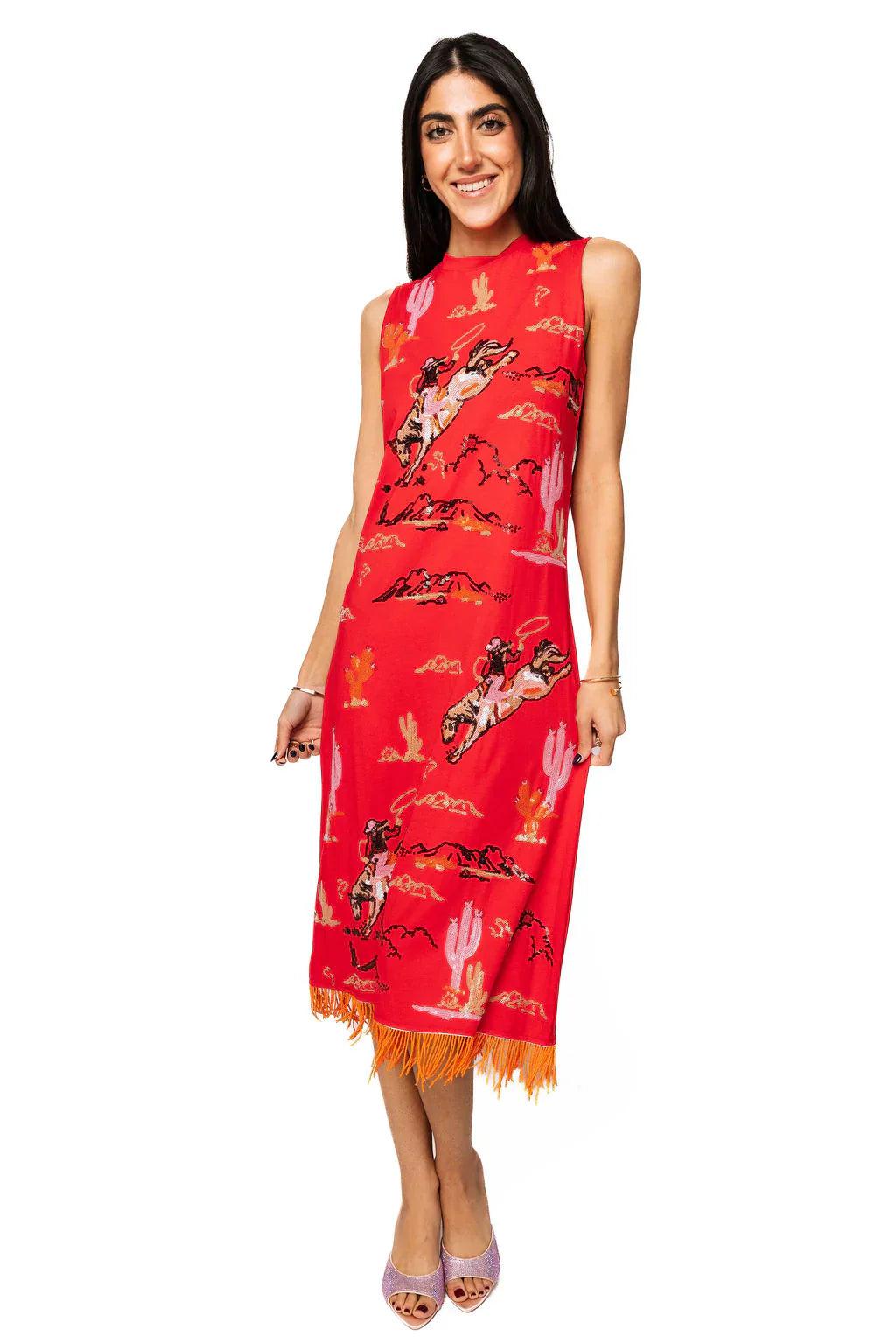 Queen of Sparkles-Red Bucking Cowgirl Fringe Bottom Midi Tank Dress