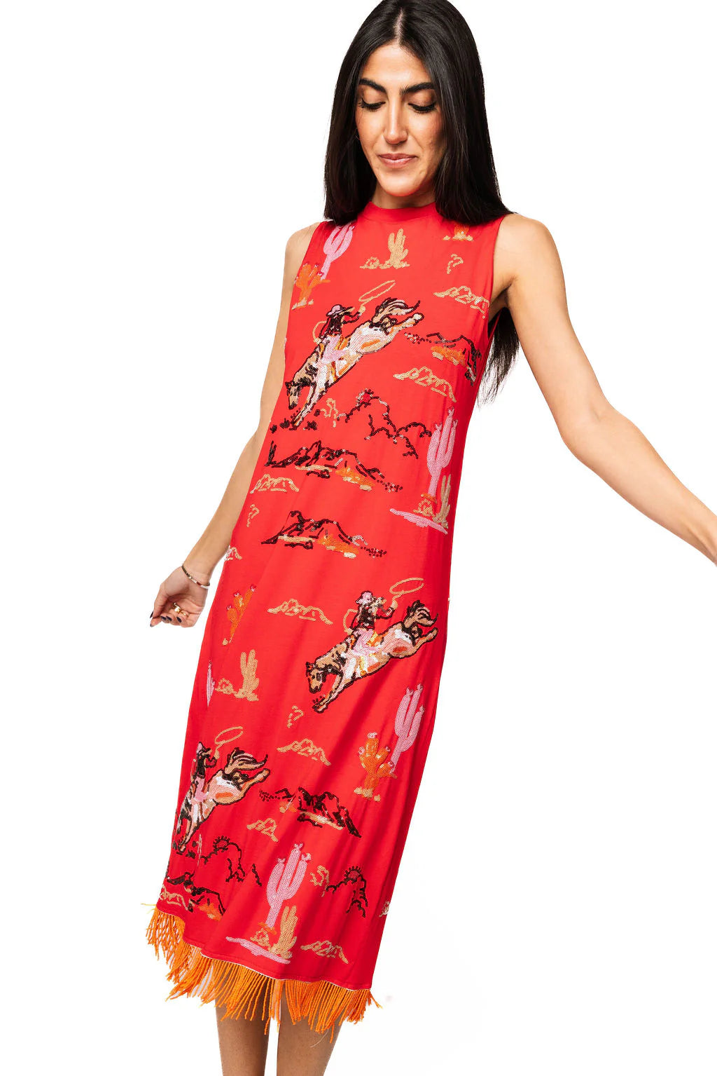 Queen of Sparkles-Red Bucking Cowgirl Fringe Bottom Midi Tank Dress