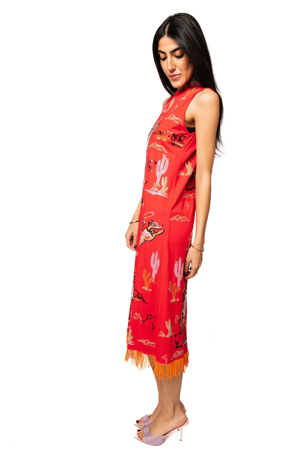 Queen of Sparkles-Red Bucking Cowgirl Fringe Bottom Midi Tank Dress