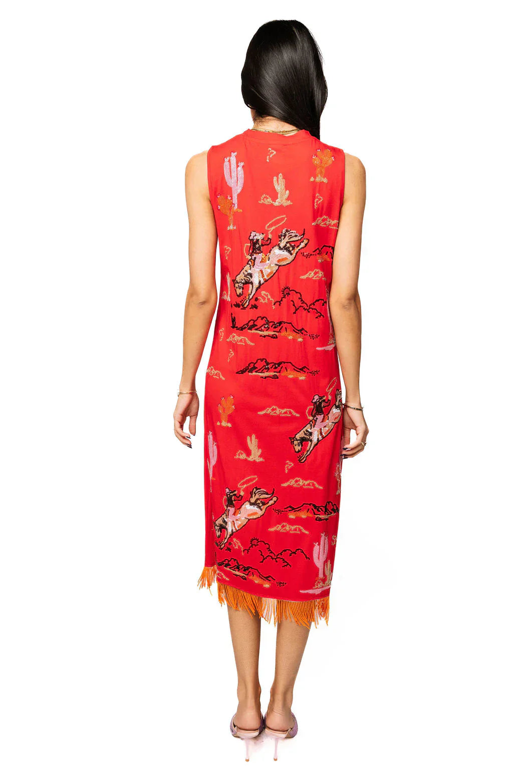 Queen of Sparkles-Red Bucking Cowgirl Fringe Bottom Midi Tank Dress