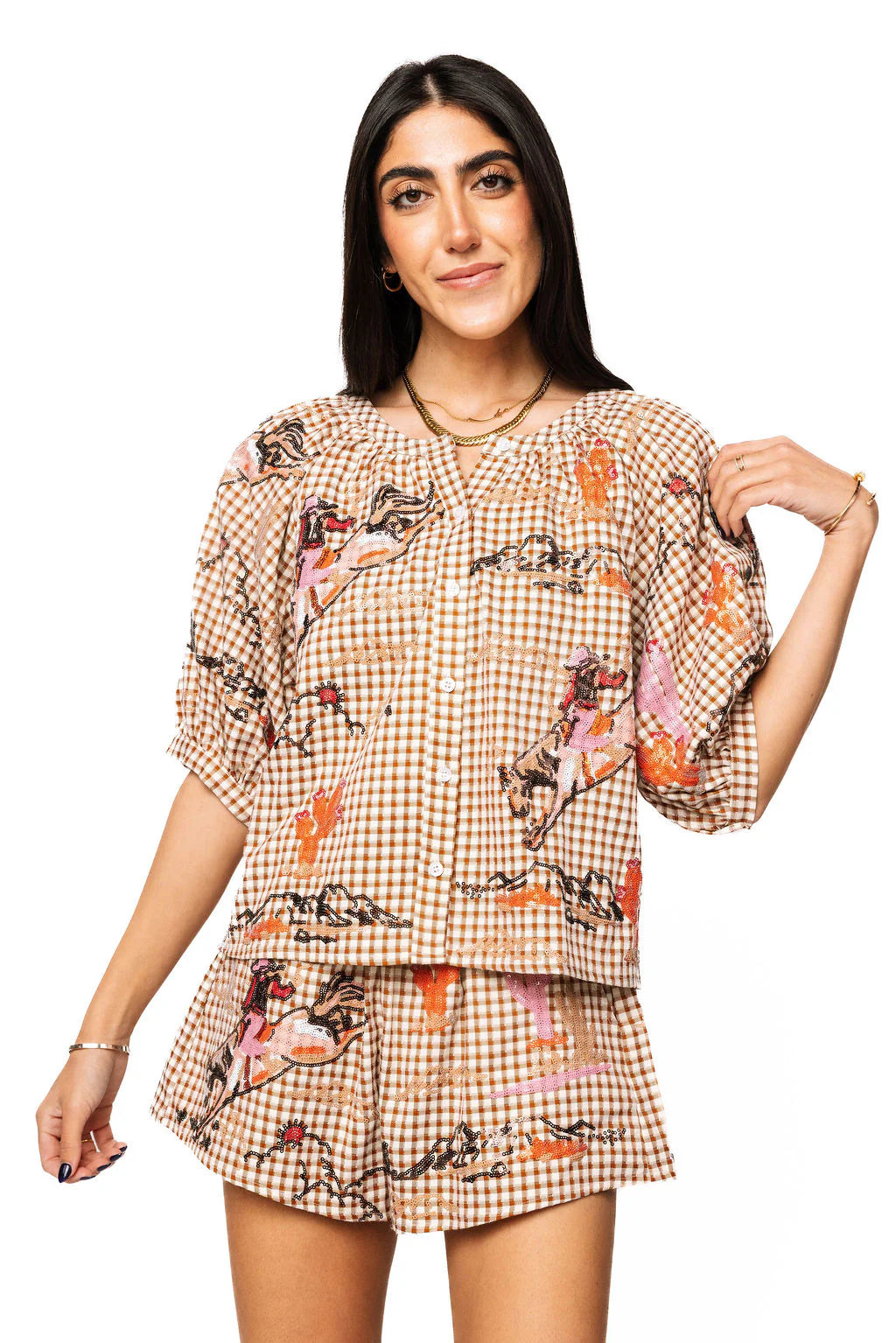 Queen of Sparkles-Brown Gingham Bucking Cowgirl Button Up Cotton Top