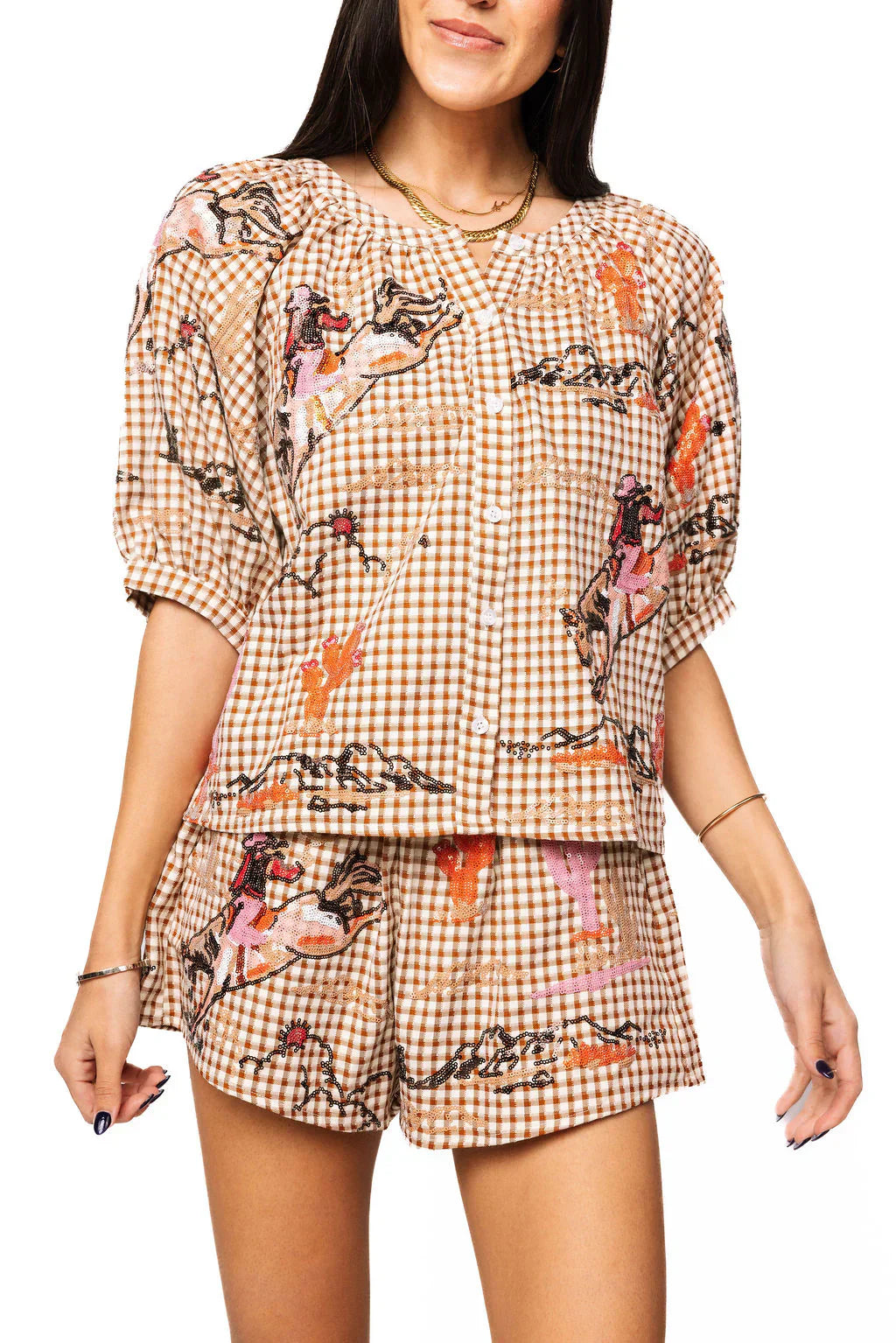 Queen of Sparkles-Brown Gingham Bucking Cowgirl Button Up Cotton Top