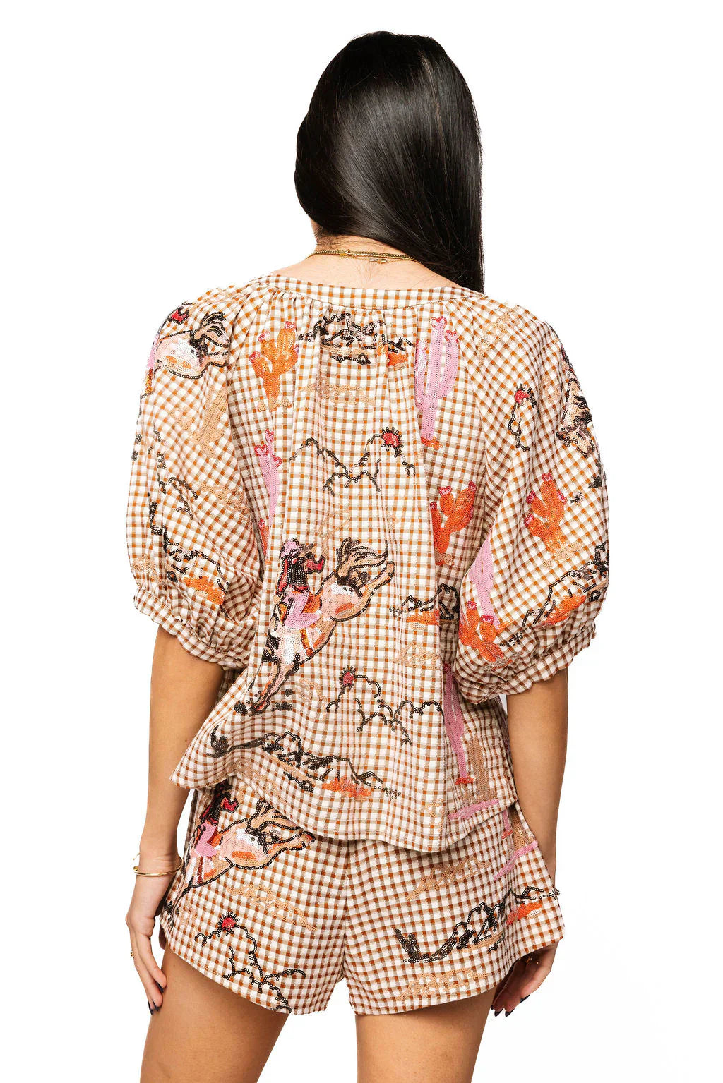 Queen of Sparkles-Brown Gingham Bucking Cowgirl Button Up Cotton Top